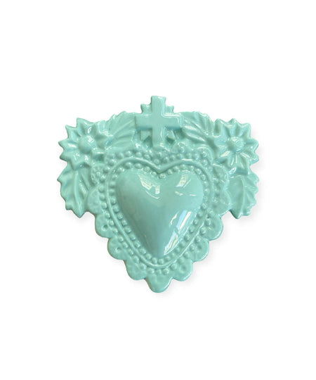 Sacro cuore con croce e fiori in ceramica smaltata